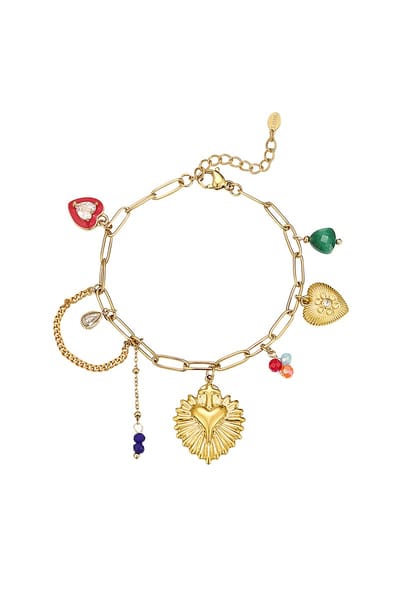 Colorful Joy Armband - Stainless Steel - Yehwang - Goudkleurig - Met bedels - Hartjes en Kraaltjes - Verkleurt niet - Cadeau armband