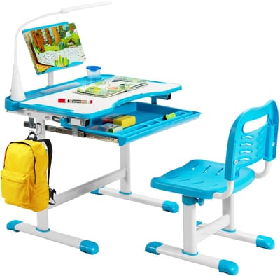 COSTWAY Kinderbureau met Kinderstoel en ledlicht, in hoogte verstelbare kindertafel en stoel met kantelbaar tafelblad en lade, voor jongens en meisjes (blauw)