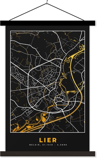 Posterhanger incl. Poster 40x60 cm - Schoolplaat - Lier - Kaart - Plattegrond - Goud - Stadskaart - Textielposter - Zwarte latten - Stadskaart