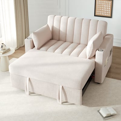 MODFU Slaapbank - Verstelbare Rugleuning En Opbergtassen - Voor Woonkamer Of Slaapkamer - Katoen-Linnen - Beige - 136 X 162 X 84 Cm