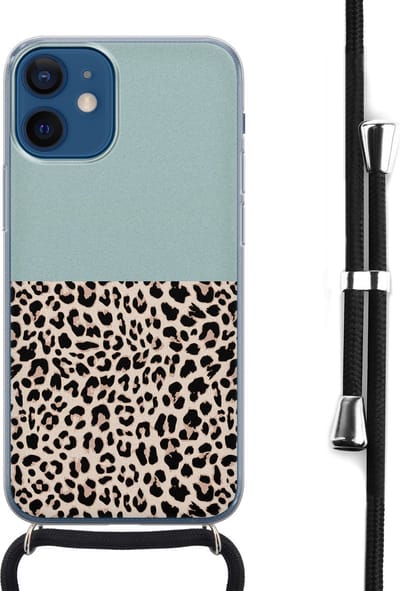 Hoesje met koord - Geschikt voor iPhone 12 Mini - Luipaard mint - Verstelbaar zwart koord - Transparant, Blauw - Luipaardprint - Leuke Telefoonhoesjes