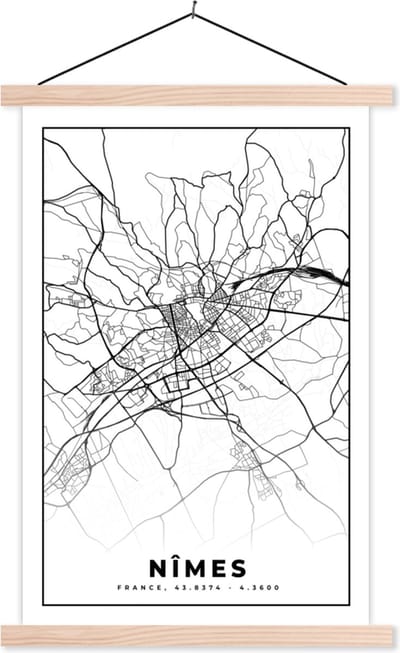 Posterhanger incl. Poster 40x60 cm - Schoolplaat - Plattegrond - Nîmes - Kaart - Frankrijk - Stadskaart - Zwart wit - Textielposter - Blanke latten - Stadskaart