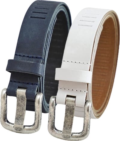 Landley Duopack met Leren Geperforeerde Riemen Smal - Voordeelset met 2 riemen - Breedte 3 cm - Dames en Heren - Blauw en Wit - Lengte totaal 100 cm / Riemmaat 85