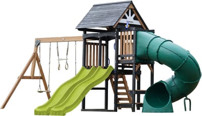 AXI Cody Speeltoestel met Schommels, Trapeze en Klimwand – Limoen Groene Dubbele Glijbaan – Met Buisglijbaan - Met Picknickbank - FSC 100% hout – Speeltoren voor de tuin / buiten
