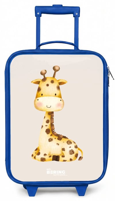 NoBoringSuitcases.com® - Kinderkoffer blauw - Kindertrolley jongen - Liggende giraffe illustratie op beige achtergrond - Koffer kind lichtgewicht - Reiskoffer trolley voor kinderen - Koffertje met lichtgevende wieltjes - Rolkoffer