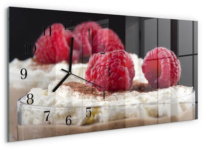 Tulup Wandklok - Frambozendessert Wandklok Glas Met Motief - 60x30 cm - Rood Decoratieve Glazen Klok - Zwarte Handen - Rechthoekige Wandklok - Glazen Wandklok Design - Klok Glas Met Opdruk