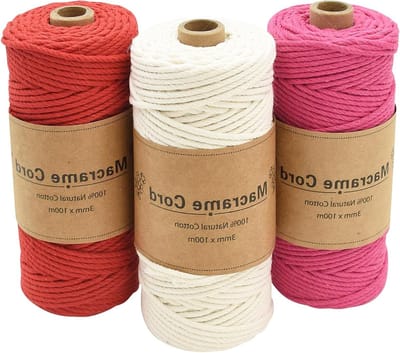 Katoenen Macramé Touw 3 mm 100 m voor Creatieve Projecten, Wanddecoratie en Plantenhanger, Perfect als Cadeau voor de Feestdagen (6 Rood + Bruin + Beige)