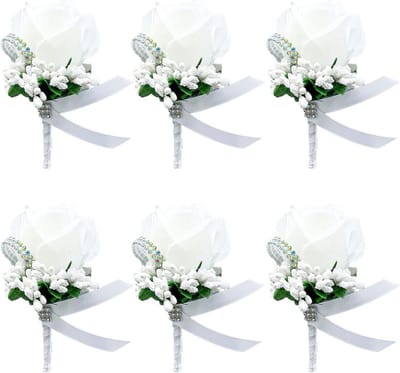 6 Stuks Bruidsbloem Corsages, Witte Rozen Bloem Studs voor Bruiloft, Feest en Prom, Decoratie voor Mannen en Kostuums