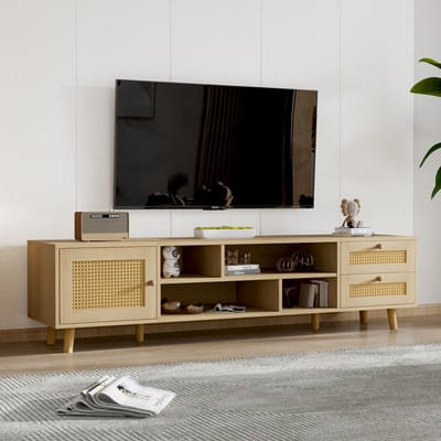 Wishdor Tv-Meubel - Voor 70-Inch Televisie - Kabeldoorvoer - 2 Lades En 1 Deur - Spaanplaat En Rotan - Eik - 160 X 39 X 40,5 Cm