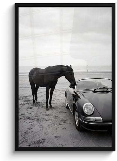 Poster in lijst - Fotolijst 60x90 cm - Posters - Paard - Auto - Zwart - Wit - Posterlijst zwart - Decoratie - Wanddecoratie woonkamer - Muurdecoratie slaapkamer