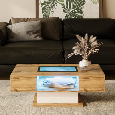 MODFU Salontafel Glas met LED-verlichting, Kleurveranderend, Twee Lades, Modern Beistelltisch