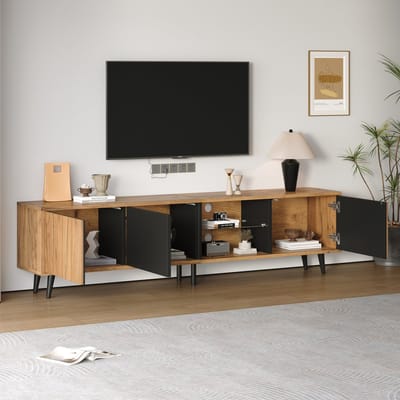 Lowboard - 175x31,5x45 cm - Voor 75 Inch TV - 3 Kasten - Minimalistisch - Houtkleur en Zwart