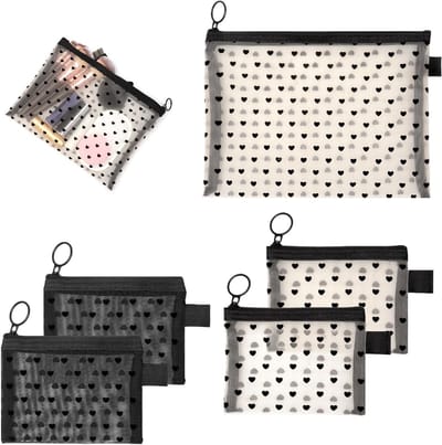 Kleine Make-up Tas Set van 5 Transparant met Hartontwerp voor Vrouwen - Draagbare Organizer voor Reis, Toilettas en Cadeau Idee