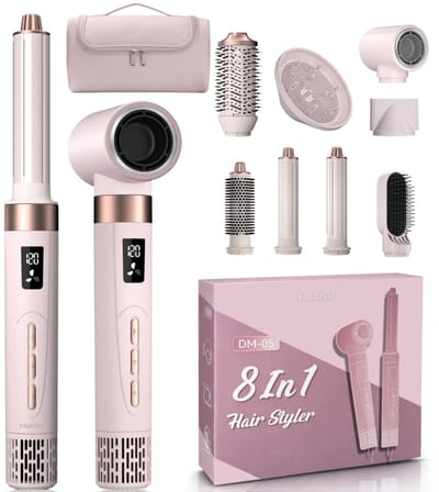 Yajaime® 8-in-1 Airstyler met Diffuser en Reistas - Multistyler - Mat poederroze - Hairwrap - Haarstyler - Haardroger - Warmteborstel - Krulborstel - Krultang - Stijlborstel - Incl Coldshot - Krultang 5 in 1 - Fohnborstel