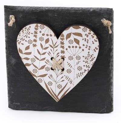 Leisteen bord - Decoratie hart - Voordeur decoratie - Gegraveerd bloemenmotief - 11 x 11 cm - Antraciet