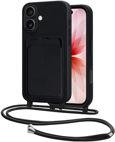 Hoes Geschikt voor iPhone 17 Hoesje Pasjeshouder Cover Met Koord Case Siliconen Hoes Met Telefoonkoord en Kaarthouder - Zwart