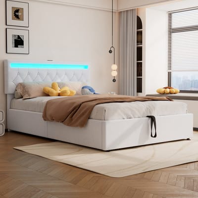 MODFU Bedframe 140x200 cm – linnen wit – met LED, USB-C, hydraulische opbergruimte en 28 latten – slim design