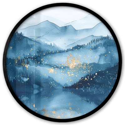 Poster in lijst Rond - Fotolijst 40x40 cm - Posters - Landschap - Blauw - Modern - Goud - Abstract - Ronde posterlijst zwart - Decoratie - Wanddecoratie woonkamer - Muurdecoratie slaapkamer