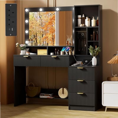 Sierra, Kaptafel met spiegel en verlichting, kaptafel met laden, make-up ijdelheid met open planken, sieradenhaken en stopcontact voor slaapkamer, modern (zwart)