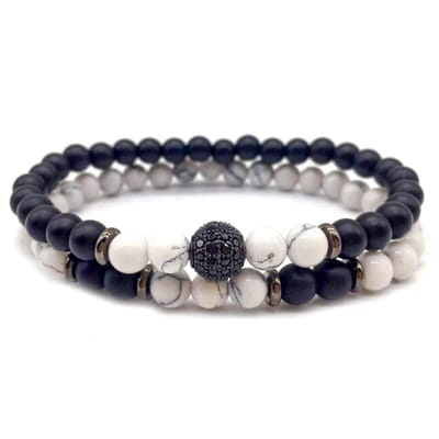 Victorious Set Natuurstenen Kralen Armbanden Heren – Zwarte Bol – Zwart/Wit – 18cm
