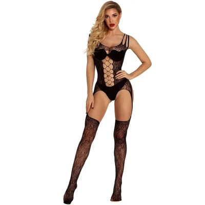 LekkerStout Jarretel Bodysuit met Kousen en Open Kruis - Zwart - Visnet Lingerie - One Size S-L | LS350