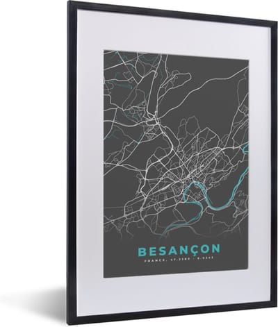 Fotolijst incl. Poster - Kaart - Plattegrond - Stadskaart - Besançon - Frankrijk - 30x40 cm - Posterlijst