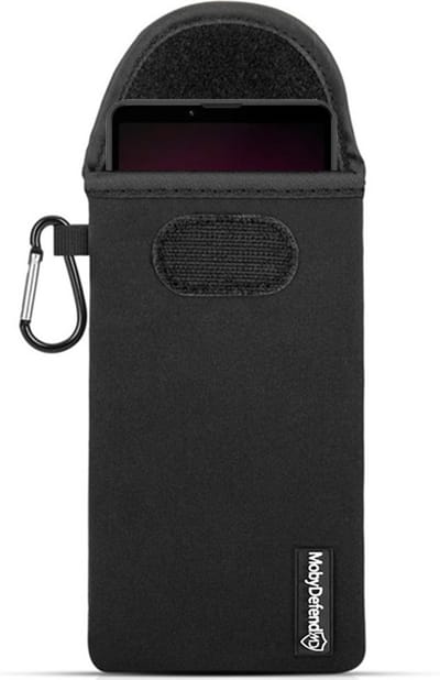 MobyDefend Hoesje - Geschikt voor Sony Xperia 10 IV - Neopreen Pouch Met Karabijnhaak - Insteek - Riemlus - Zwart