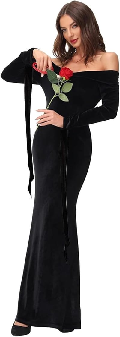 Gothic Off Shoulder Jurk voor Halloween, Vintage Kostuum voor Vrouwen, Sexy Heks Jurk in Zwart voor Cosplay en Feestjes