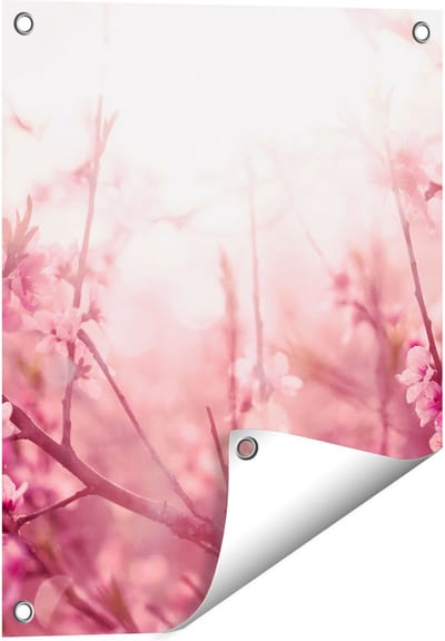 Gards Tuinposter Roze Bloesemboom met Zonneschijn - 40x50 cm - Tuindoek - Tuindecoratie - Wanddecoratie buiten - Tuinschilderij