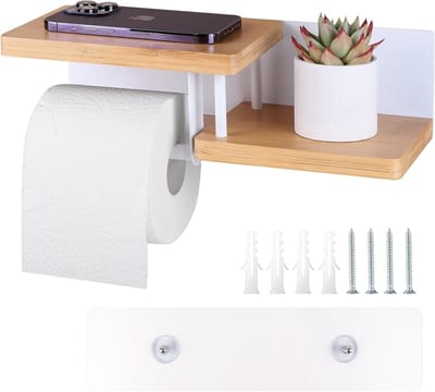 Bamboe Toiletpapierhouder met Plank voor Badkamer en Keuken - Wandmontage, Hout, Wit, 31.5 x 12.5 x 8.5 cm, Praktisch en Stijlvol Accessoire