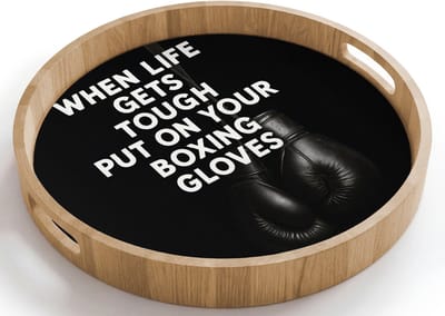 Dienblad rond 40x40 cm - Schootdienblad hout - Tekst - Bokshandschoenen - Wit - Borrelplank rechthoek - Plateau houten dienbladen
