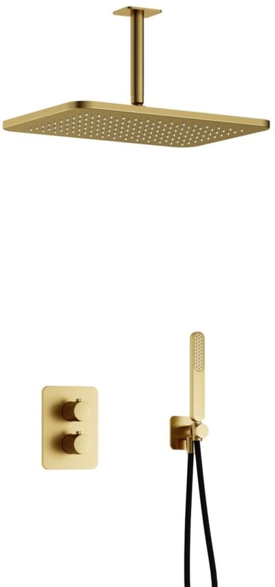 Hotbath Gal IBS40A inbouw regendoucheset met staafhanddouche aan houder en 27x40cm rechthoekige hoofddouche aan 15cm plafondarm geborsteld messing PVD