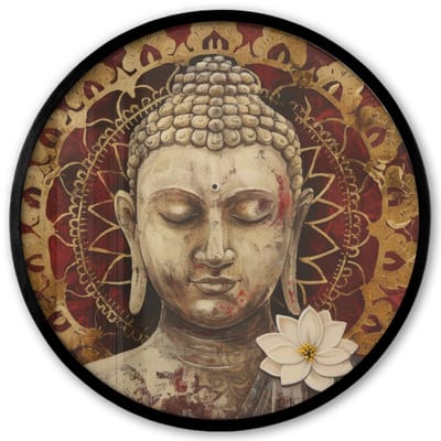 Poster in lijst Rond - Fotolijst 40x40 cm - Posters - Boeddha - Mandala - Bloem - Rood - Goud - Zen - Ronde posterlijst zwart - Decoratie - Wanddecoratie woonkamer - Muurdecoratie slaapkamer