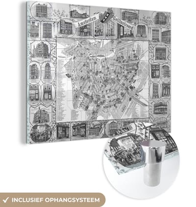 MuchoWow® Glasschilderij 40x30 cm - Schilderij acrylglas - Kaart - Amsterdam - Antiek - Foto op glas - Schilderijen