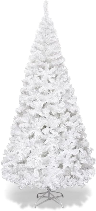 COSTWAY Kunstkerstboom 240 cm - Realistische Kunststof Kerstboom met sneeuw - met metalen standaard - pvc 1138 takken - Wit