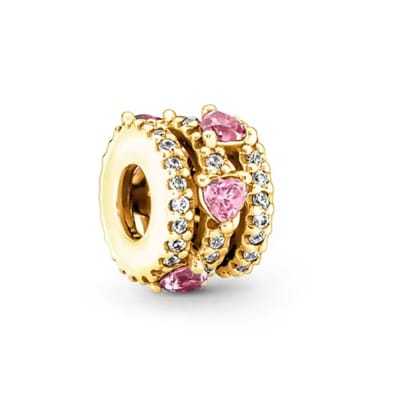 Fler® | Bedel | Past op populaire bedelarmbanden (standaard - 3mm) | Goudkleurige Hartjes Spacer Bedel | Hangbedel Charm | 925 sterling zilver | Roze & transparante zirkonia | Valentijnsdag Cadeau | Sinterklaas kado | Kerstcadeau |Verjaardagsgeschenk