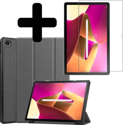 Hoes - Geschikt voor Lenovo Tab M10 Plus (3e / 3rd Generatie) - Met Screenprotector - Trifold Bookcase - Hard Cover - Hardcover Book Case - Tablet Hoesje - Grijs