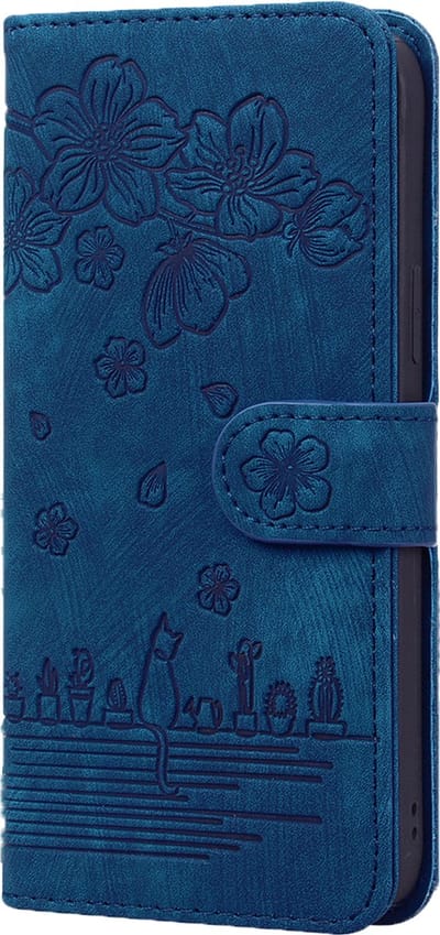 Hoesje geschikt voor iPhone 16e - Bookcase - Koord - Pasjeshouder - Portemonnee - Camerabescherming - Bloemenpatroon - Kunstleer - Blauw