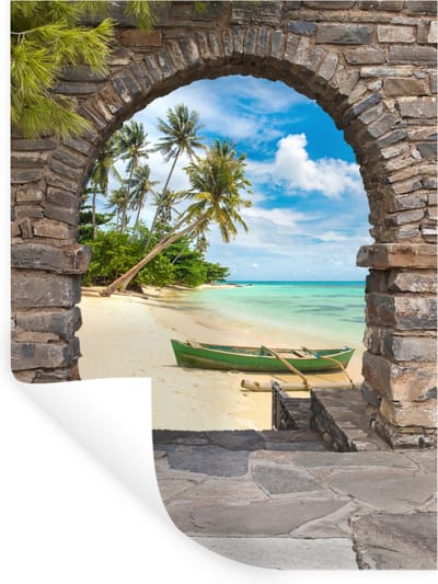 Muurstickers - Sticker Folie - Strand - Palm - Doorkijk - Zee - Kano - 30x40 cm - Plakfolie - Muurstickers Kinderkamer - Zelfklevend Behang - Zelfklevend behangpapier - Stickerfolie