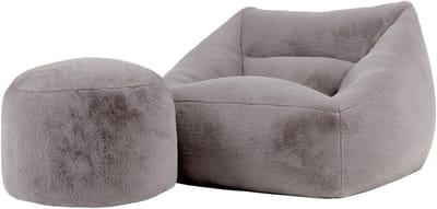 icon - Natalia XL Zitzak Fauteuil met Ronde Poef - Fluffy Pluche Imitatiebont - Grijs