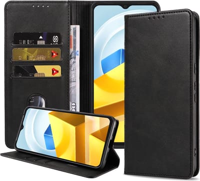 Smartphonica Telefoonhoesje geschikt voor Xiaomi Poco M5 kunstleren Hoesje met Magnetische sluiting en Pasjeshouders Book Case met Klepje - Zwart geschikt voor Xiaomi Poco M5