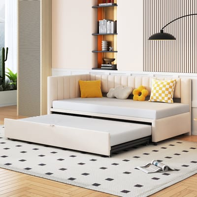 Sweiko Slaapbank - 90/180 × 200 cm - Uitschuifbaar bed - Velvet - Beige