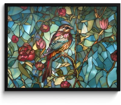 Poster in lijst - Fotolijst 70x50 cm - Posters - Vogel - Tak - Rozen - Mozaïek - Posterlijst zwart - Decoratie - Wanddecoratie woonkamer - Muurdecoratie slaapkamer