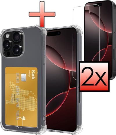 Hoesje - Geschikt voor Apple iPhone 16 Pro - Met 2x Screenprotector - Pashouder - Kaarthouder - Telefoon Hoes Shockproof - Siliconen Case - Back Cover - Shock Proof - Pasjes Houder - Transparant