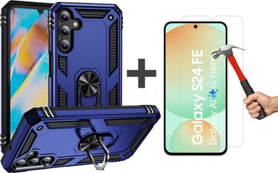 Hoesje Geschikt voor Samsung Galaxy S24 FE hoesje - Hybrid Armor Anti-Shock hoes - Arara Ringhouder TPU backcover met gehard glas Screenprotector - Blauw