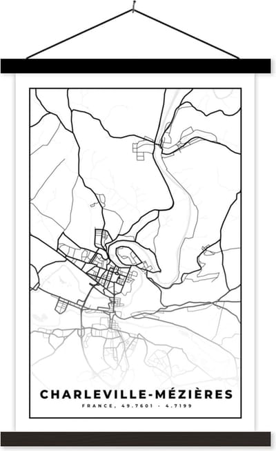 Posterhanger incl. Poster 40x60 cm - Schoolplaat - Charleville-Mézières - Stadskaart – Plattegrond – Kaart – Frankrijk - Zwart wit - Textielposter - Zwarte latten - Stadskaart