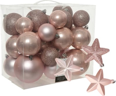 Kerstballen en sterren ornamenten - set 32x stuks - kunststof - lichtroze