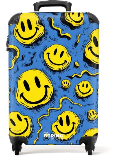 NoBoringSuitcases.com - Koffer - Gele kronkelende smiley's op een blauwe achtergrond - Past binnen 55x40x20 cm en 55x35x25 cm - Trolley handbagage - Valiezen met wieltjes volwassenen - Reiskoffer op wielen - Rolkoffer lichtgewicht