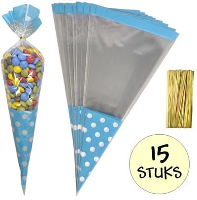 15x Cellofaan Puntzakken Blauwe Stippen 37x18cm - Uitdeelzak - Traktatie Zak - Snoepzak - Inclusief Sluitstrips - 18x37cm - Blauw - 15 Stuks