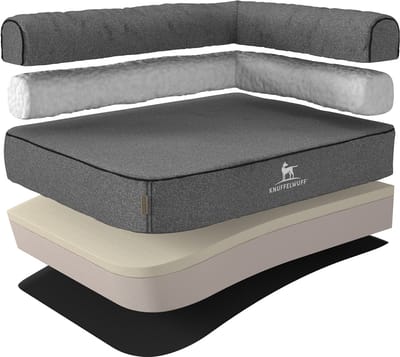 Knuffelwuff orthopedisch hoekhondenbed Marlie van velours met handgeweven karakter L 85 x 63cm leuning rechts grijs